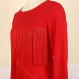 Round neck long sleeves high waist bag hip skirt stitching tassel banquet evening dress plus size dress