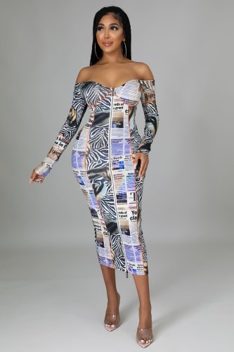 Sexy zipper print one-piece dress nightclub outfit