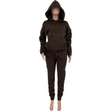 Pure color hooded pockets pleated elastic two-piece suit