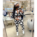 Digital printed sports suit smiley face pattern long-sleeved zipper two-piece suit