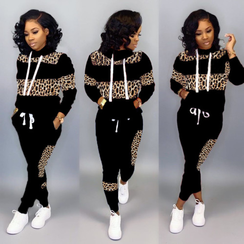 Leopard print stitching high neck sports long shirt two-piece suit