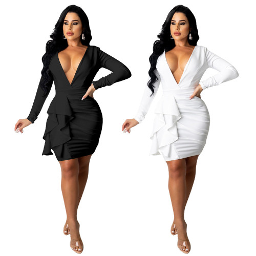 Autumn and winter long-sleeved V-neck halter sexy dress