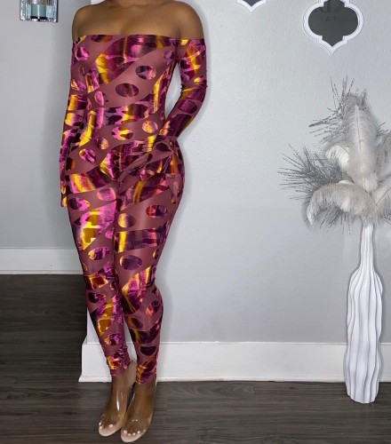 Autumn word shoulder sexy printed jumpsuit