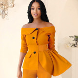 Sexy one-word shoulder button cardigan ruffled top high waist bag hip wide-leg pants plus size two-piece suit