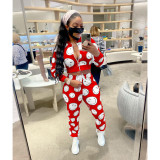 Digital printed sports suit smiley face pattern long-sleeved zipper two-piece suit