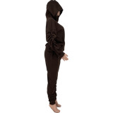 Pure color hooded pockets pleated elastic two-piece suit