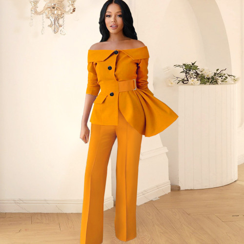 Sexy one-word shoulder button cardigan ruffled top high waist bag hip wide-leg pants plus size two-piece suit