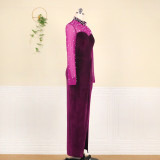 Round neck see-through net yarn nail beads high waist bag hip skirt split banquet dress plus size dress