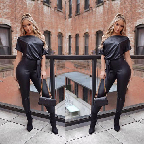 Off-shoulder sexy strappy slim-fit fashion jumpsuit leather pants