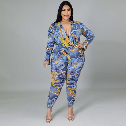 Large size autumn new fashion V-neck printed shirt and pants suit