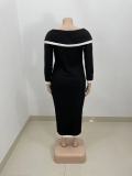 Large size dress casual fashion long-sleeved off-the-shoulder one word collar stitching self-cultivation