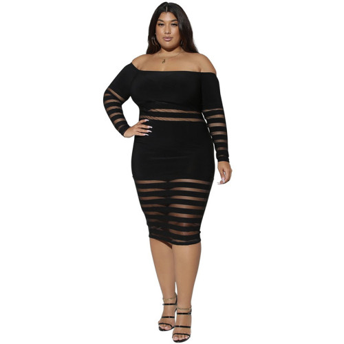 Large size solid color sexy buttocks one-word shoulder plus size dress