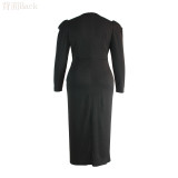 Large size dress V-neck irregular long-sleeved solid color slit