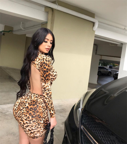 Sexy open back leopard print dress
