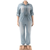Washed hole chain long-sleeved women's denim jumpsuit