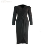 Large size dress V-neck irregular long-sleeved solid color slit