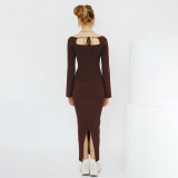 2021 autumn solid color one-shoulder lace-up split long-sleeved long dress