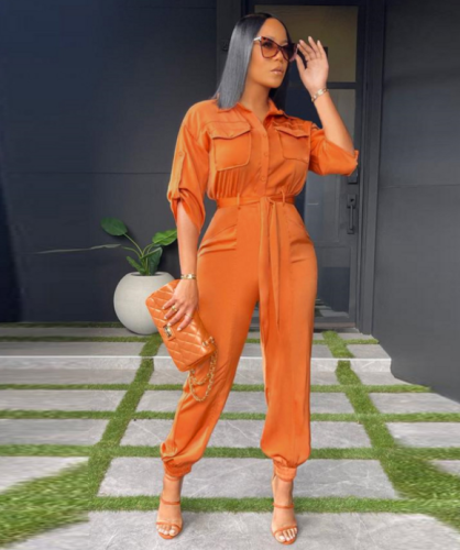 Lace up solid color fashion casual women's jumpsuit