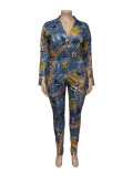 Large size autumn new fashion V-neck printed shirt and pants suit