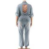 Washed hole chain long-sleeved women's denim jumpsuit