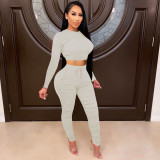 Solid color long-sleeved sports pants suit two-piece suit