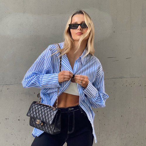 Fashion striped shirt and waist shorts street casual two-piece suit