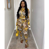 2021 autumn and winter yellow long-sleeved printed flared pants casual suit