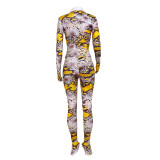 2021 autumn and winter yellow long-sleeved printed flared pants casual suit