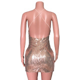 Sexy v-neck bag hip halter irregular sequin dress