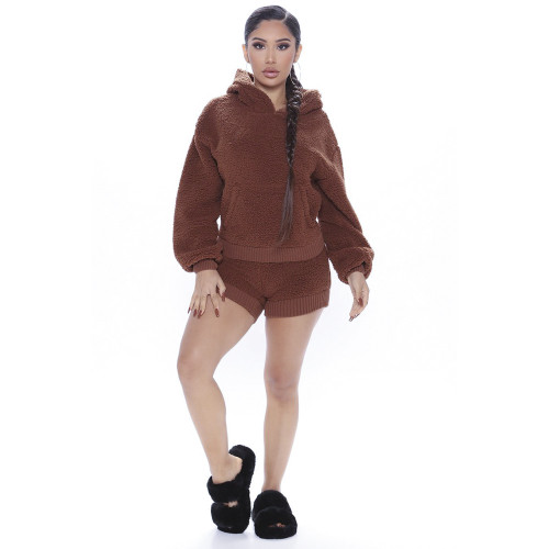 Thickened plus velvet long-sleeved shorts brown pullover stitching solid color two-piece hooded suit