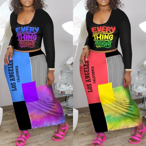 Casual letter printing multicolor long sleeve + long skirt suit