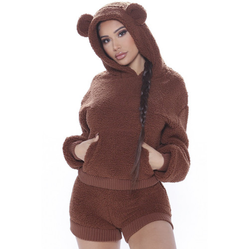 Thickened plus velvet long-sleeved shorts brown pullover stitching solid color two-piece hooded suit