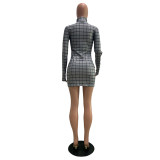 Fashion casual sexy tight-fitting autumn plaid high-neck long-sleeved dress