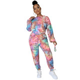 Autumn and winter fashion painted round neck long-sleeved trousers two-piece suit  (With mouth mask)