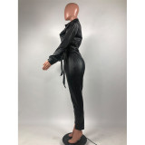 Queen's nightclub style sexy single-breasted leather jumpsuit (including belt)