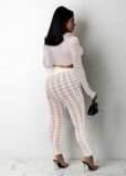 Sexy houndstooth mesh gauze V-neck exposed waist two-piece nightclub   (Excluding metal chain, bottom pants)