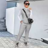 Sleeveless Padded Shoulder Hoodie and Velvet Casual Sports Two-Piece Pants Set
