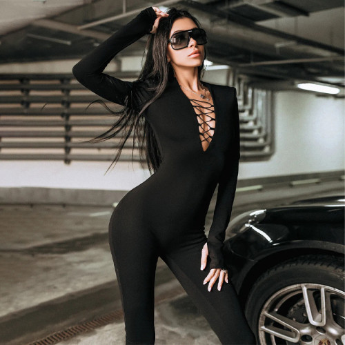 Autumn V-neck long-sleeved tight-fitting high-waist hip-lifting sports fitness jumpsuit