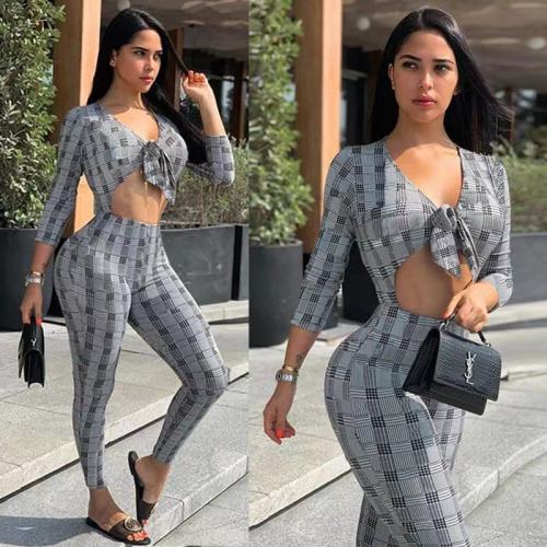 Autumn plaid hollow stitching printing fashion casual sexy jumpsuit