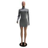 Fashion casual sexy tight-fitting autumn plaid high-neck long-sleeved dress