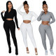 Pure color thread high neck zipper long sleeve trousers suit two-piece high elastic pit strip