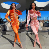 Fashion casual solid color shiny long sleeve two-piece suit