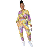 Autumn and winter fashion painted round neck long-sleeved trousers two-piece suit  (With mouth mask)