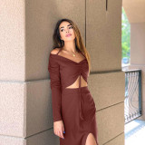 Autumn sexy split skirt one-shoulder long-sleeved casual suit