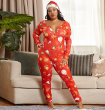 Christmas sexy tight-fitting knitted printed stretch homewear large size jumpsuit