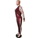 Leopard print sleeves stitching jacket pants fashion casual two-piece suit