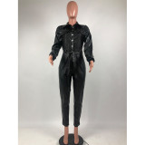 Queen's nightclub style sexy single-breasted leather jumpsuit (including belt)