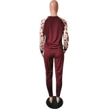 Leopard print sleeves stitching jacket pants fashion casual two-piece suit