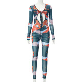 Sexy hollow drawstring hit color long-sleeved skinny jumpsuit