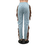 Casual fashion solid color three-dimensional pocket lace-up fringed trousers